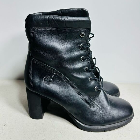 Timberland Glancy 6" Black Leather Ankle Boots Womens Size 9,5Lace up High Heel - Picture 1 of 6